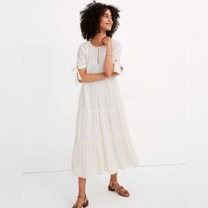 Madewell Tie-Sleeve Tiered Midi Dress in Ivory White Swiss Dot, Size SP